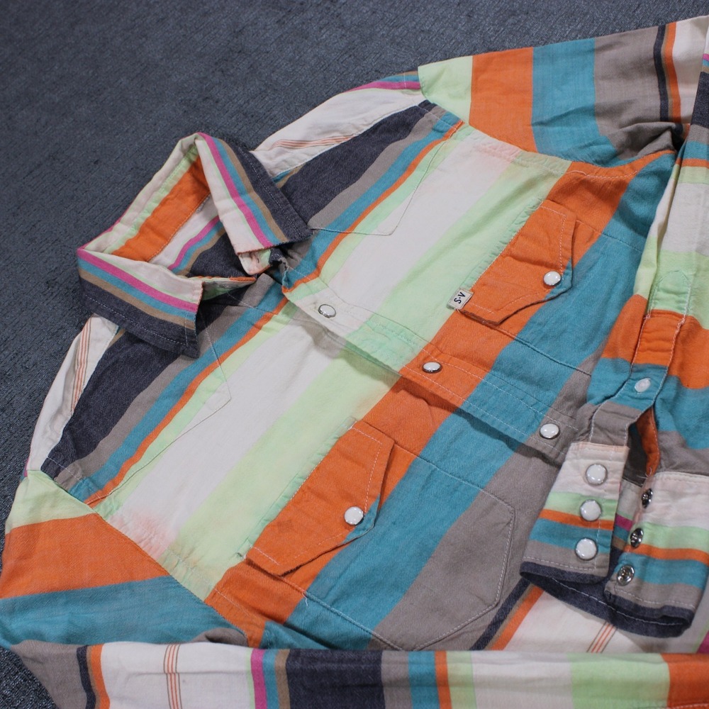 S·V Mens Western Snap Button Shirt Multi-Color Horizontal Stripe Long Sleeve